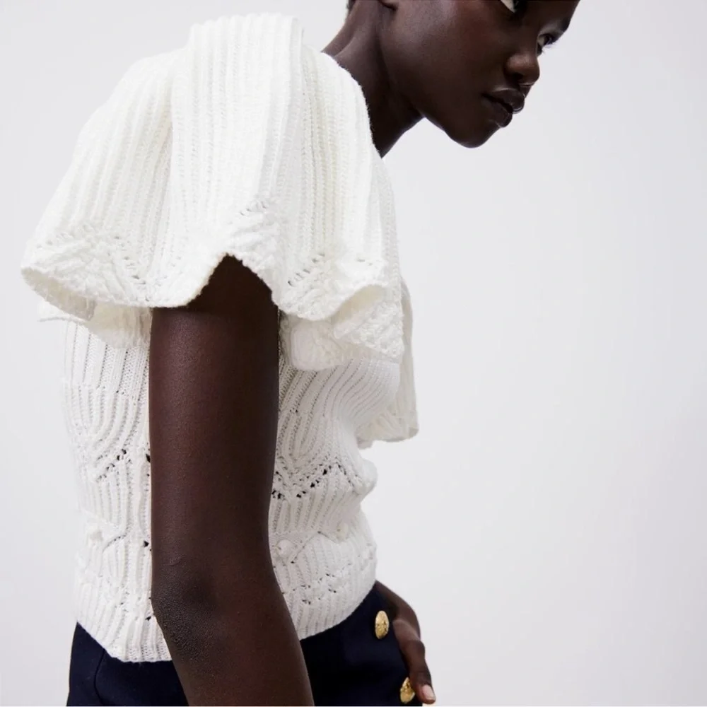 Zara Ruffle Knit Crochet Top White Size Medium - Picture 5 of 8